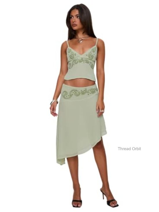 Dresses & Skirts - Princess Polly Pappilion Asymmetrical Midi Skirt, Embroidered, Sheer,